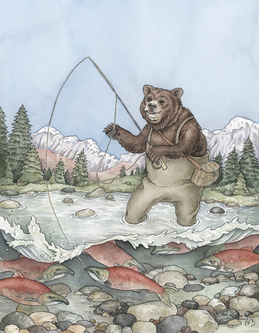 illustration of Grizzly bear catching salmon. Media: ink and watercolor.
Animal illustration, bear, fish, stream, creek, water, lake, nature, nature illustration, pine trees, mountains, woodland, woods, forest, Alaska, salmon run, outdoors, underwater, animal, bears.