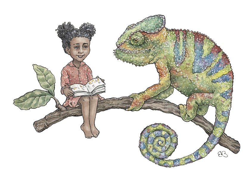 illustration of Child sitting on a branch reading to a chameleon. Medium: ink and watercolor.
Children, children's illustration, child, girl, kids books, children's books, picture books, nature, animals, animal, animal character, reptile, lizard, colorful, nature illustration, friends, friendship, reading, story, children’s illustrator, Erin O’Leary Brown.