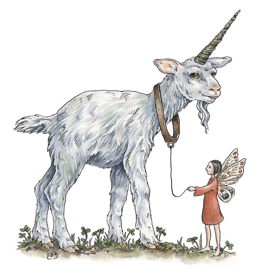 illustration of The Fairy's Pet. Medium: ink and watercolor.
Children's illustration, picture book illustration, fairy tale, magic, whimsical, goat, unicorn, fairy, animal illustration.