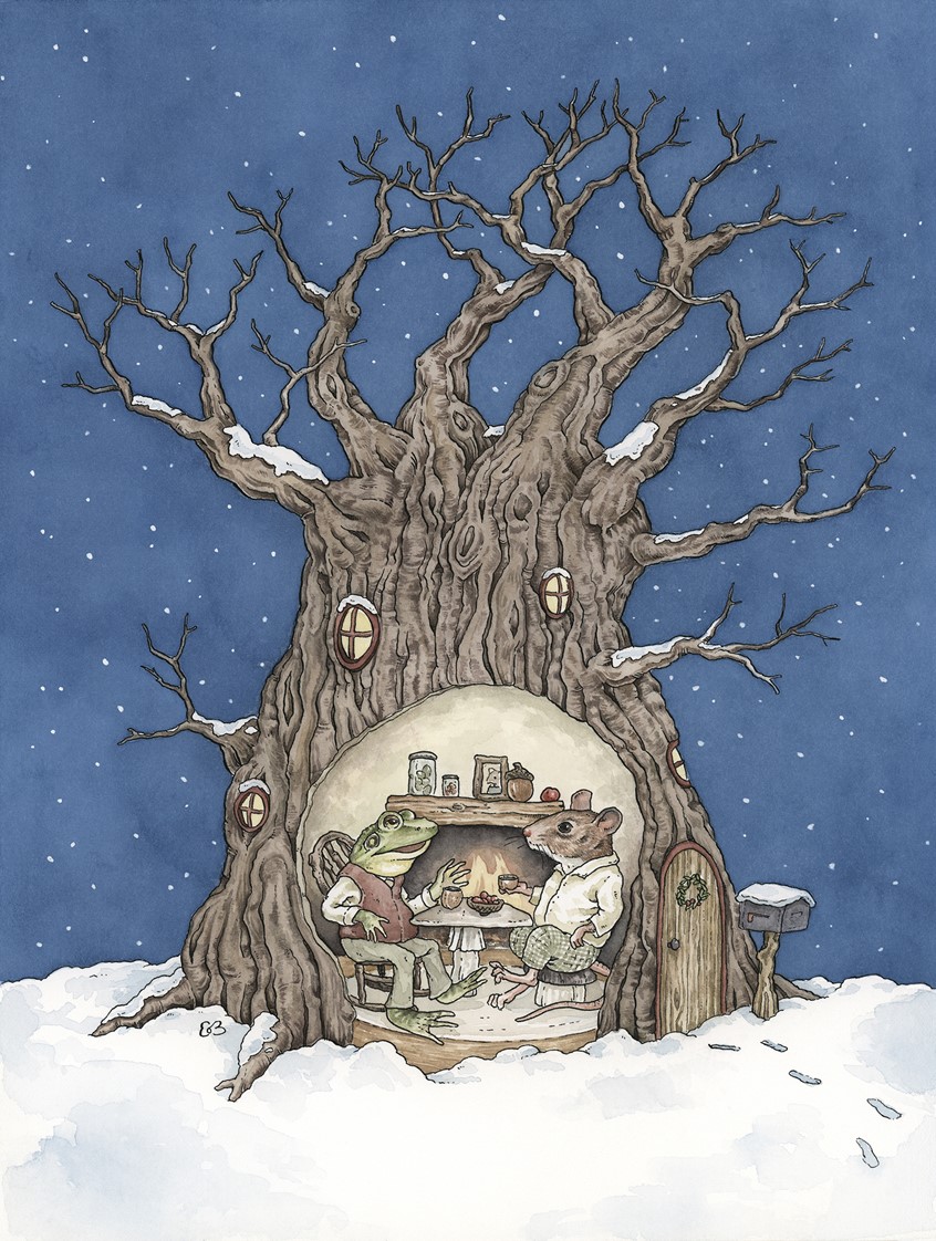 illustration of Frog and Mouse at home in a winter tree house, Medium: ink and watercolor.
Animal character, animals, forest, children's illustration, children's book, picture book, snow, winter, holiday, seasonal, nature, tree, toad, frog, woodland creatures, anthropomorphism, woods, country, home, cozy, fireplace, friends, fantasy, watercolor, Erin O’Leary Brown.