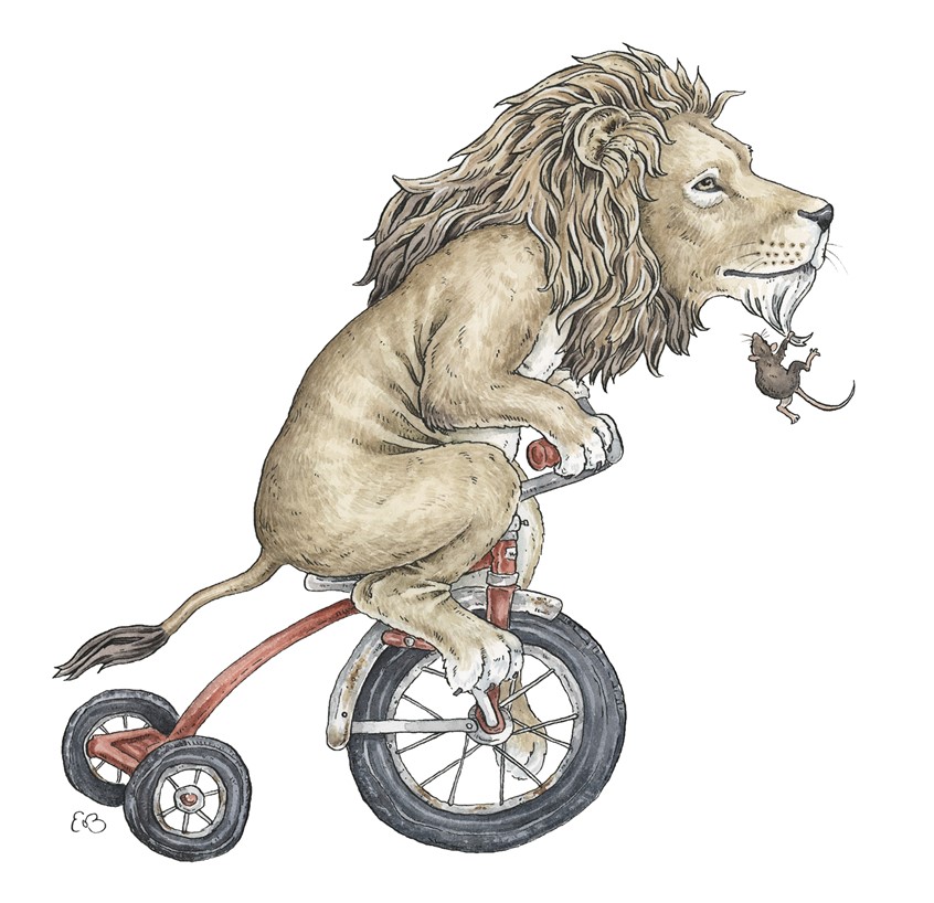 illustration of Lion takes mouse on a ride on his tricycle. Medium: ink and watercolor.
Lion, mouse, bike, bicycle, playing, animals, animal illustration, animal characters, anthropomorphism, children's illustration, kids, picture book, children's illustrator, watercolor, whimsical, Erin O'Leary Brown.