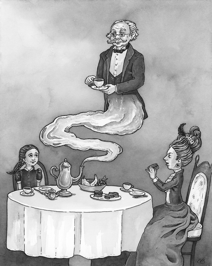 illustration of A different sort of genie. Medium: ink and watercolor.
Black and white illustration, chapter book illustration, chapter books, young readers, children's illustration, interior illustration, children, eating, fantasy, victorian, historical.