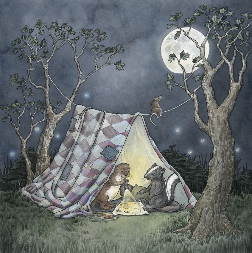 illustration of Two animal friends camping out and examining a treasure map in the glow of a flashlight. Medium: ink and watercolor.
Children's illustration, picture book, night scene, animal characters, fireflies, skunk, otter, mouse, moon, trees, yard, backyard, night, outside, outdoors, anthropomorphism, children's book illustration, watercolor, Erin O'Leary Brown.