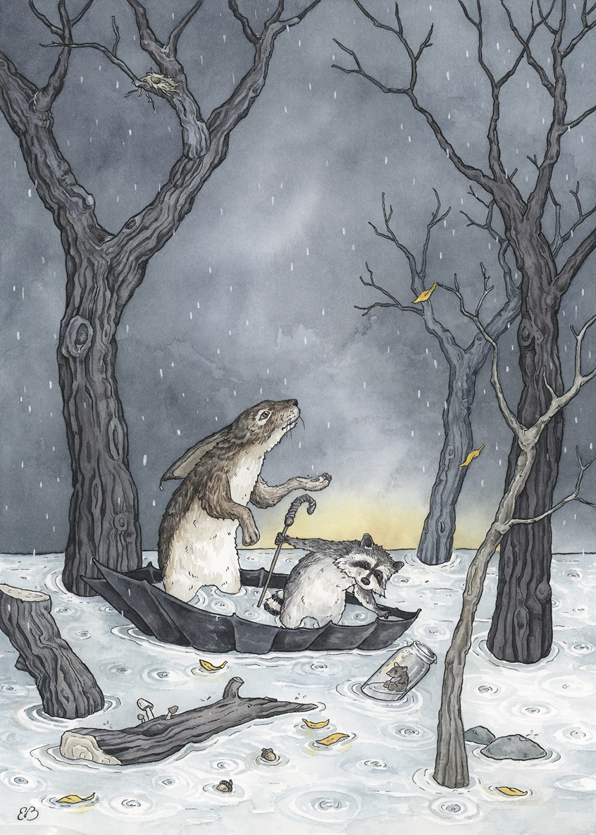 illustration of Rabbit and racoon in the very rainy forest.
Children's illustration, picture book, animal illustration, animals, rabbit, racoon, mouse, rain, storm, woods, kids books, ink and watercolor, watercolor, umbrella, trees, nature, anthropomorphism, Erin O'Leary Brown.