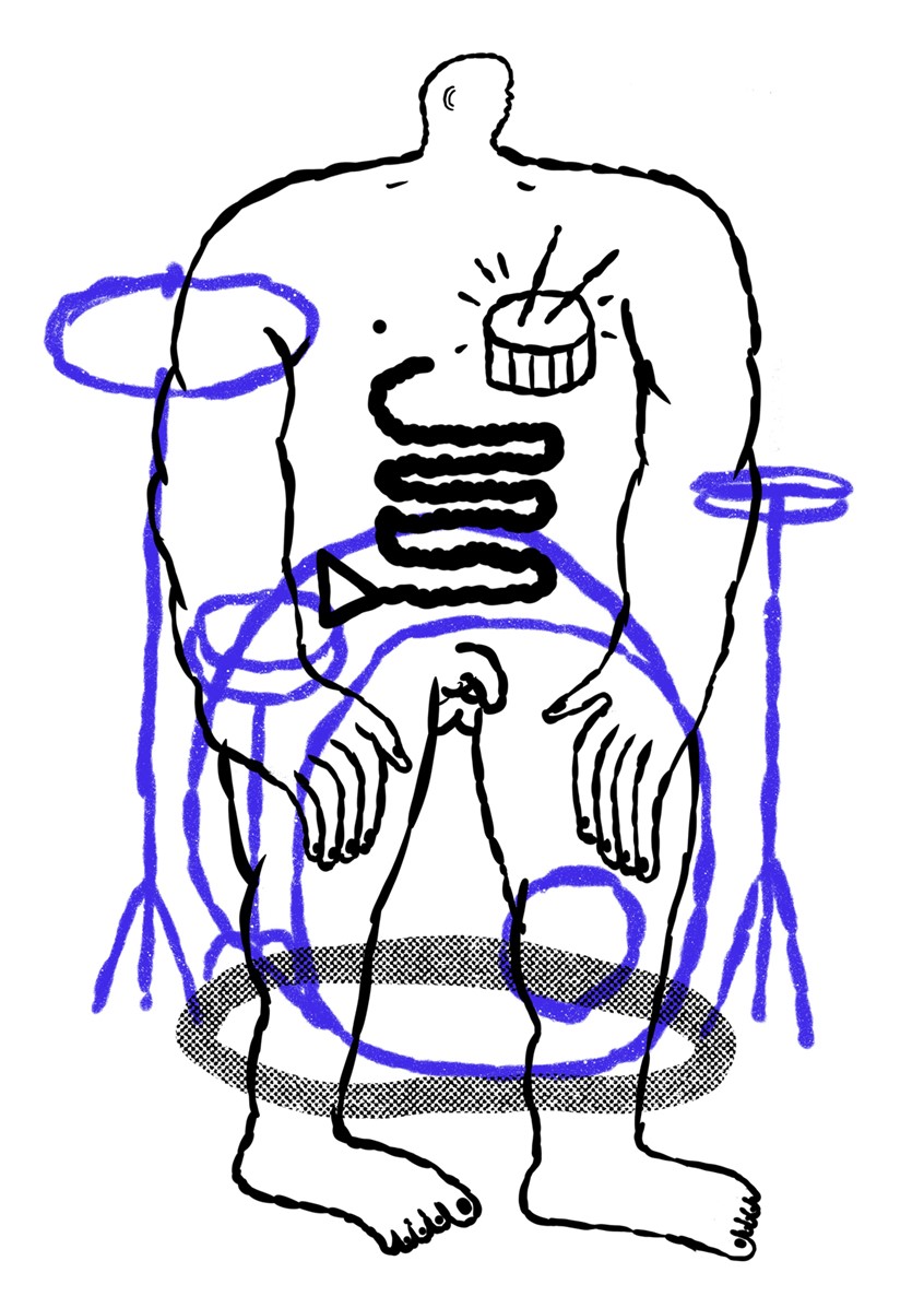 illustration of Conceptual depiction of emotional state. The greatest human feeling after love is fear, in this case represented by a drummer, a showman, his heart beats like a snare. Editorial, digital, drum, go fast, emotion, line, linework, line drawing, nudes, Instinct, black, show, best, illustrator, illustration, artist, magazine, cover