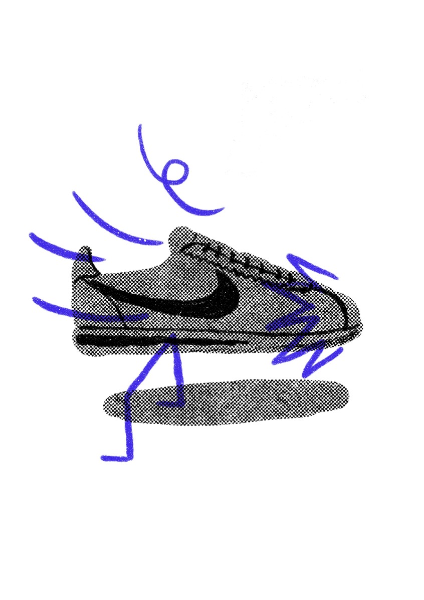 illustration of All the shoes made the history of sports and lifestyle and which have made a splash in the fashion world. All the icon models made by the famous brand from Beaverton. Brand, running, 100 metres, athlete, olympics, athletic, olympic, risograph, shoes, run, fast, power, lightness, easy, best, illustrator, illustration, artist, magazine, cover