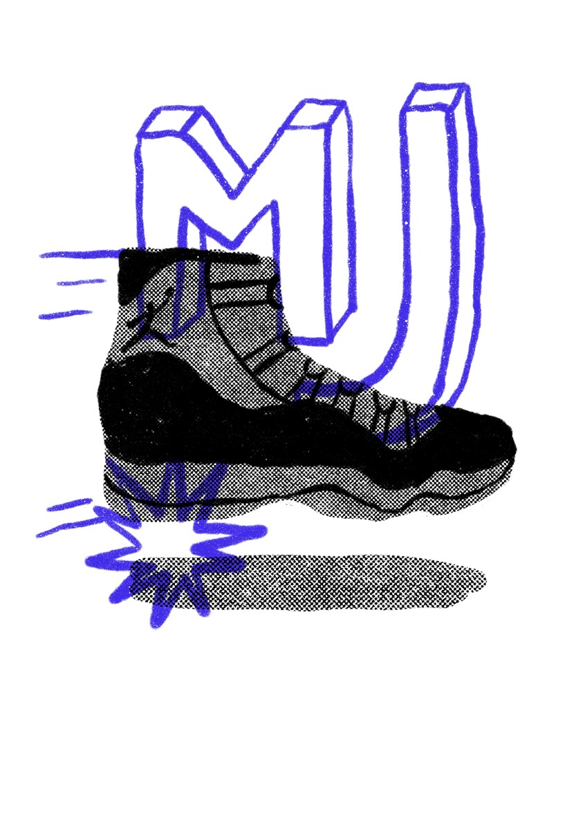 illustration of All the shoes made the history of sports and lifestyle and which have made a splash in the fashion world. All the icon models made by the famous brand from Beaverton. Nba, basket, basketball, Mj, Michael Jordan, Brand, comfort, soft, risograph, shoes, run, fast, power, lightness, easy, best, illustrator, illustration, artist, magazine, cover