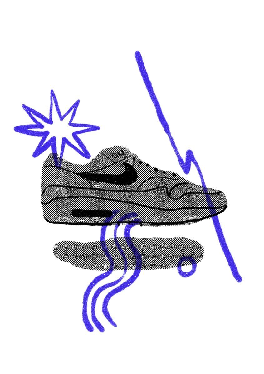 illustration of All the shoes made the history of sports and lifestyle and which have made a splash in the fashion world. All the icon models made by the famous brand from Beaverton. Brand, comfort, soft, risograph, shoes, run, fast, power, lightness, easy, best, illustrator, illustration, artist, magazine, cover