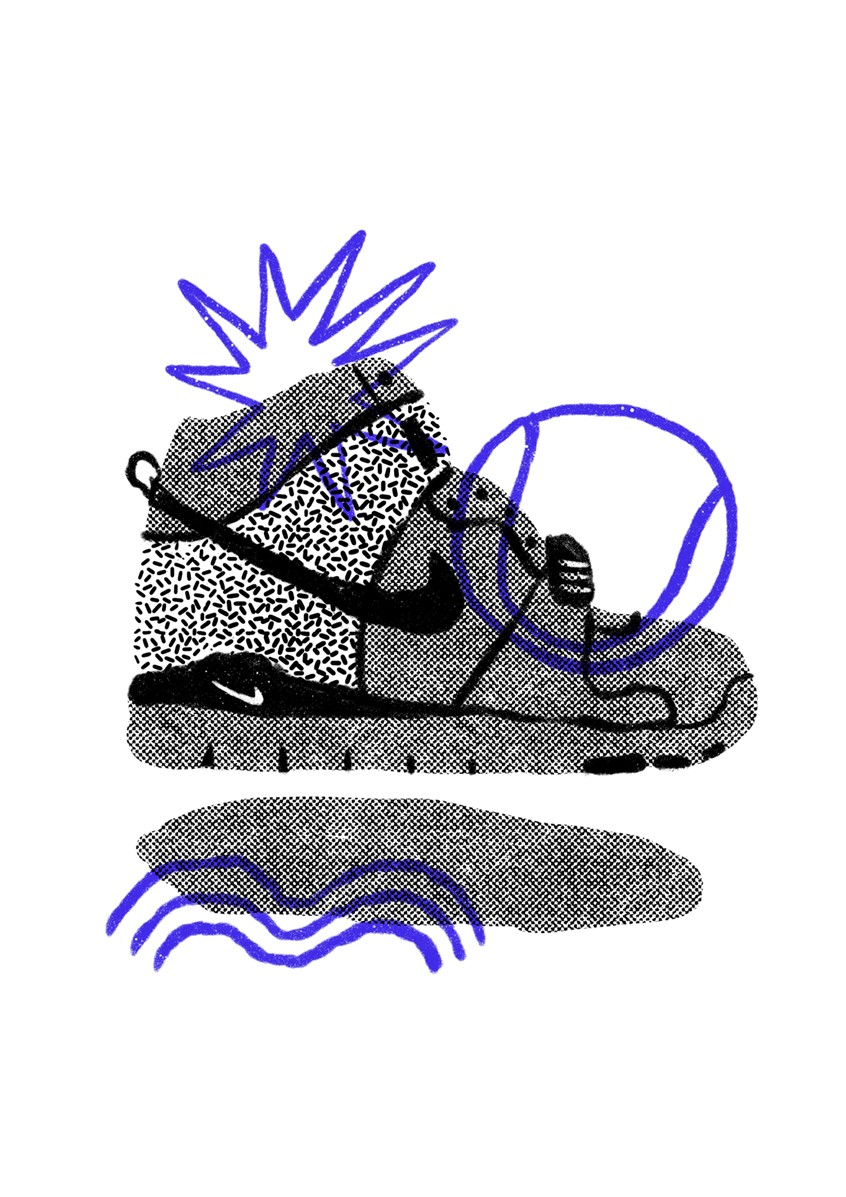 illustration of All the shoes made the history of sports and lifestyle and which have made a splash in the fashion world. All the icon models made by the famous brand from Beaverton. Brand, tennis, tennist, Andre Agassi, ninety, comfort, soft, risograph, shoes, run, fast, power, lightness, easy, style, best, illustrator, illustration, artist, magazine, cover