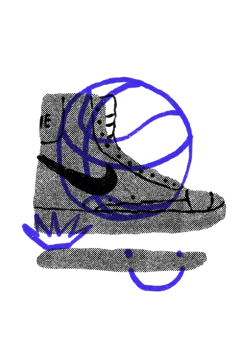 illustration of All the shoes made the history of sports and lifestyle and which have made a splash in the fashion world. All the icon models made by the famous brand from Beaverton. Brand, basket, nba, basketball, poster, risograph, shoes, run, fast, power, lightness, easy, best, illustrator, illustration, artist, magazine, cover