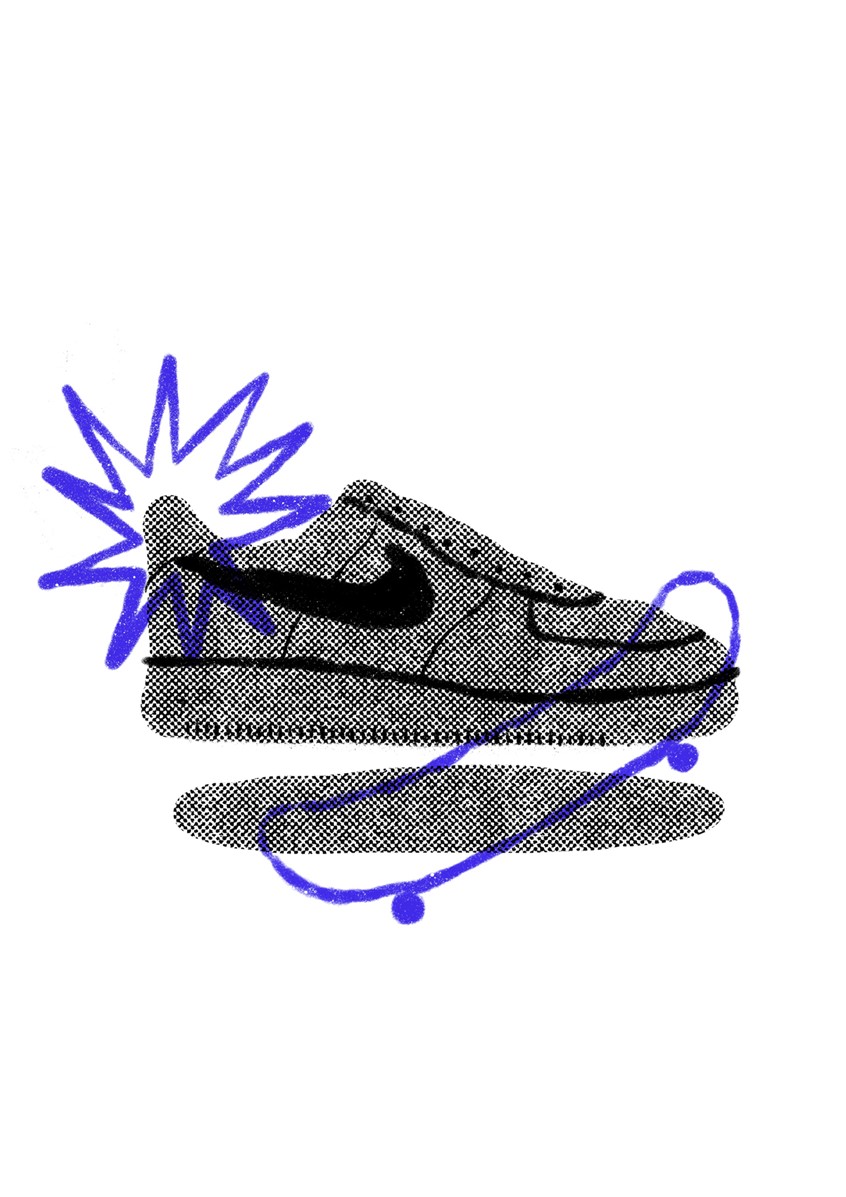 illustration of All the shoes made the history of sports and lifestyle and which have made a splash in the fashion world. All the icon models made by the famous brand from Beaverton. Brand, skate, skater, skateboard, poster, risograph, shoes, run, fast, power, lightness, easy, best, illustrator, illustration, artist, magazine, cover
