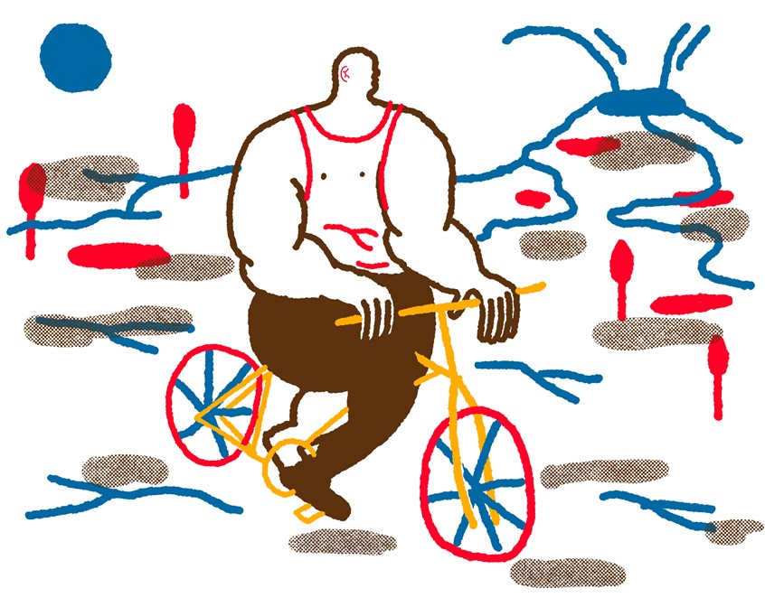 illustration of Conceptual depiction of unconsciousness of young people that underestimate the dangers and they do it with a smile. Their ability to be original and independent in their choices. Editorial, young, danger, courage, audacity, bike, vulcano, nature, wild, diy, best, illustrator, illustration, artist, magazine, cover