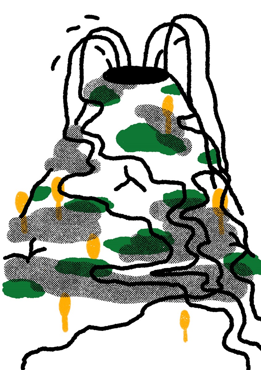 illustration of Conceptual depiction of Vulcano in eruption. It can mean the desire for adventure or escape, the miracle of nature, the sublime sense of powerlessness in front of nature, a person who is on the verge of a crisis. Editorial, explode, lava, trees, risograph print, poster, green, yellow, black line, best, illustrator, illustration, artist, magazine, cover