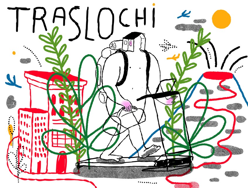 illustration of Conceptual depiction about moving to a new houses. Students, workers of all kinds, families with or without their animals friends have to move to a new place to live. This continues movement is often repeated, like man on tapis roulant. Editorial, digital, trees, house, home, city, best, illustrator, illustration, artist, magazine, cover