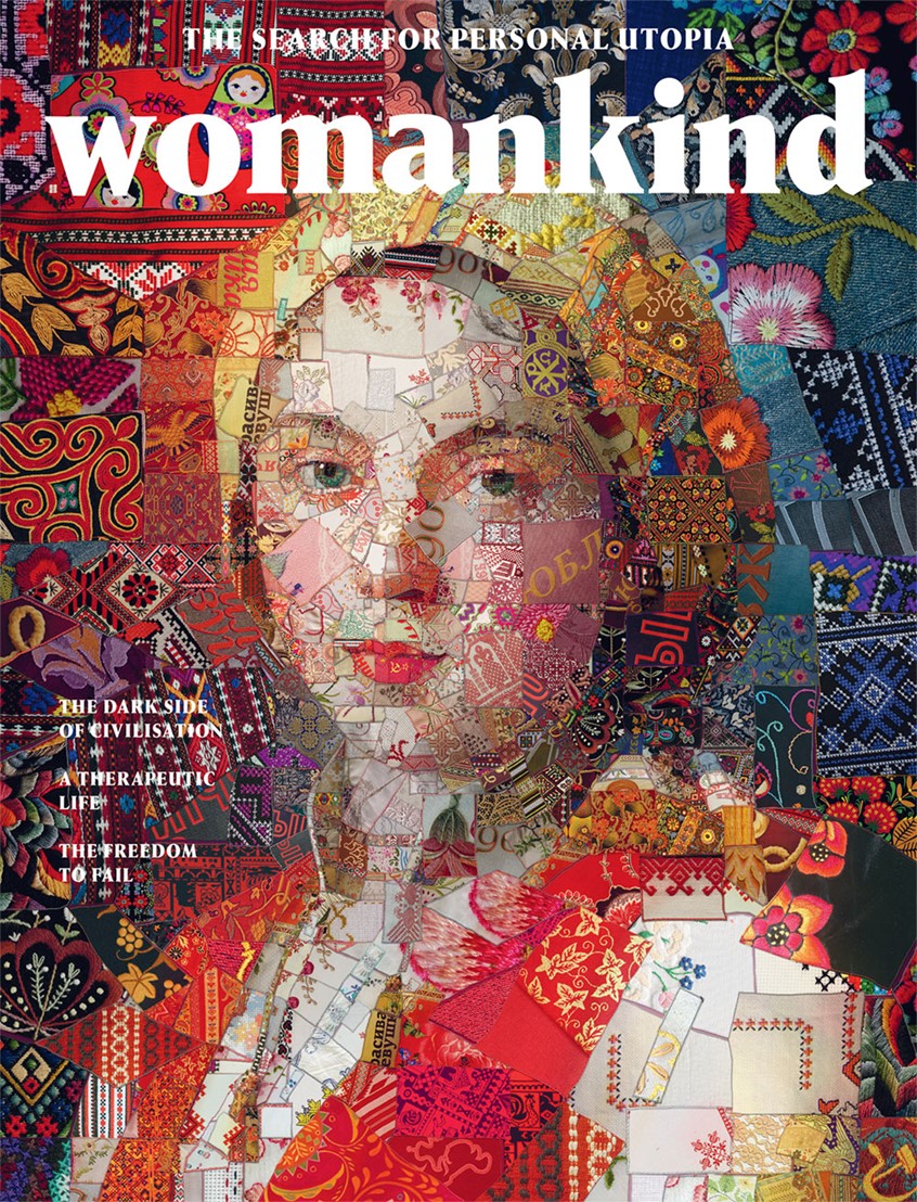 illustration of A mosaic portrait of a Russian girl for the cover of the 11th issue of Womankind magazine. Trying to emulate the traditional quilting tradition of Russia. Created using original traditional patterns from Russian, Ukrainian and other former Soviet republics.