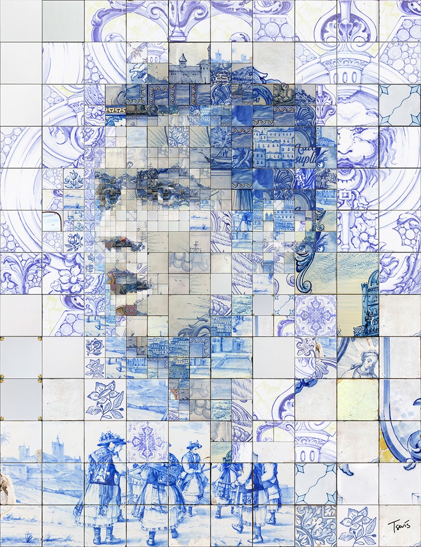 illustration of This is the sixth of a series of mosaic illustrations based on the great tradition of Azulejos. This 5 centuries-old form of tile painting art is a typical part of Portugues (Spanish and Latin) tradition. This is a composition featuring Cristiano Ronaldo, probably the biggest popular hero of contemporary Portugal and one of my favorite athletes.
