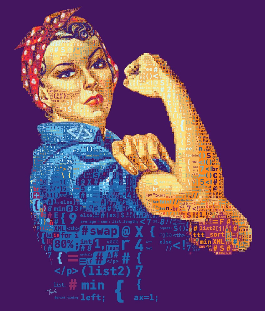 illustration of A mosaic portrait of Rosie the Riveter made out of code. Created for an article on Mother Jones magazine about diversity and sexism in the IT world.