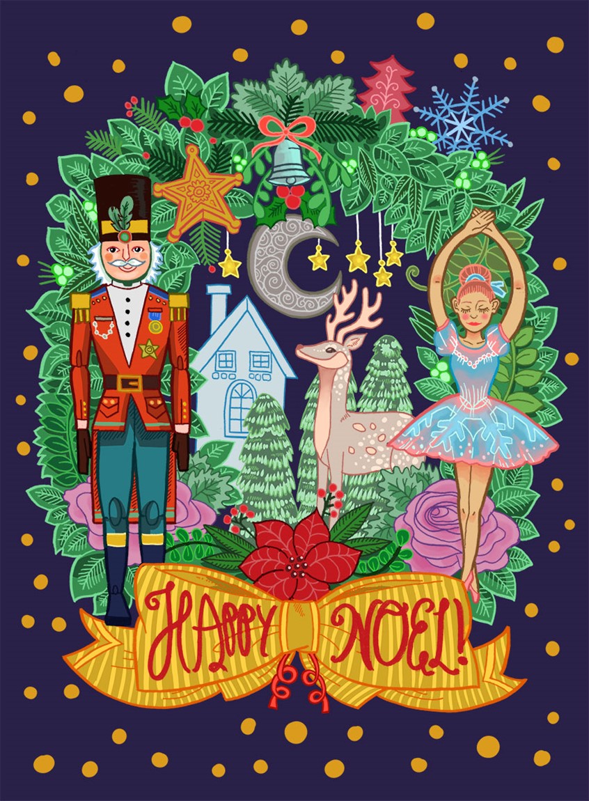 illustration of Part of illustrated christmas greetings card, showcasing a nutcracker and a ballerina in a decorative, snowy wreath. deer, house, moon, bell, ribbon, flower, stars, snow, festive, season, winter.
