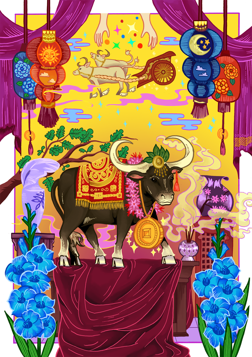 illustration of Another illustrative entry to a personal project dedicated to the Chinese Animal Zodiacs. chariot, flower, vase, curtains, lanterns, coin, ceremony, peaceful.