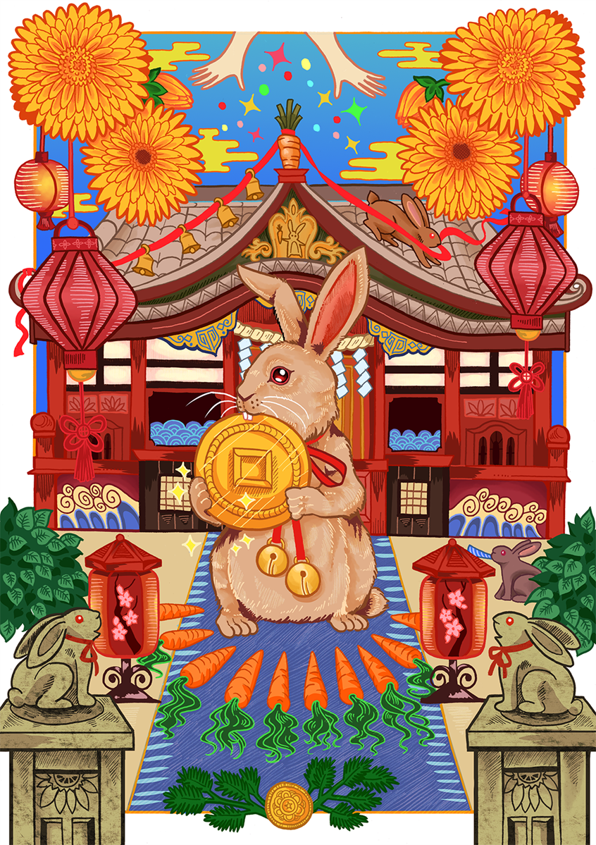 illustration of Illustrative work of the Rat Zodiac, based on the Chinese folklore of the Zodiac Banquet. temple, rabbits, statue, marigold, flowers, lantern, building, shrine, culture.