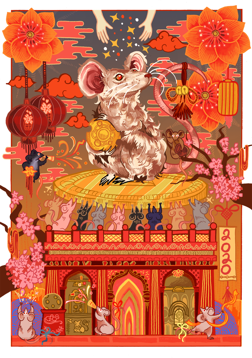 illustration of Another illustration entry for my personal project based on the Chinese Animal Zodiacs. Rat, digital illustration, concept art, poster, folklore, mythology, red, eastern, asian, flowers, culture, temple.