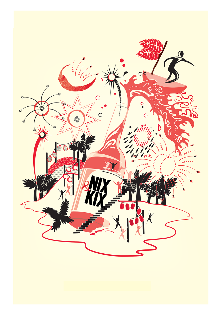 illustration of Promotional, advertising poster design for NIX&KIX Ltd. which was used for a Drinks Festival event. Fireworks, Red, Fizzy, Surfing, Chilli, Cayene, island, celebration.