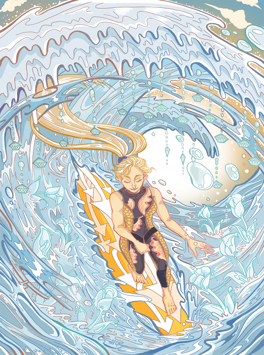 illustration of Illustration for Wave Project Exhibition in Newquay, Cornwall. Promoting water sports as a therapeutic way to deal with stress and mental illnesses for youths. Surfing, Water, Sports, Lifestyle, Promotional, Bubbles, Crystals, Girl.