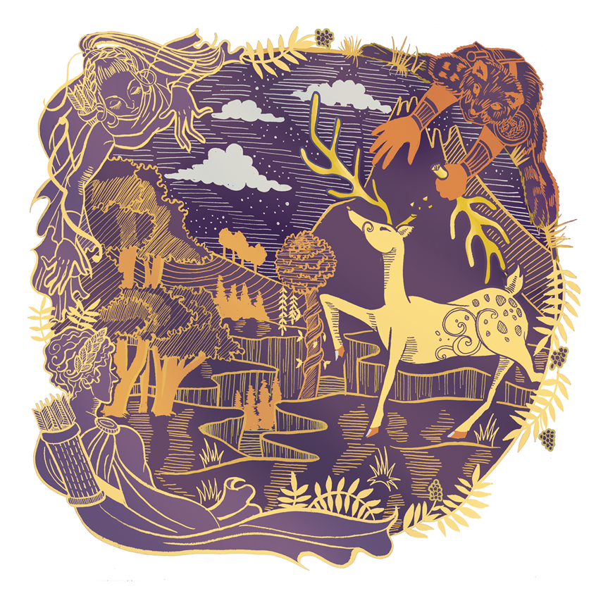illustration of Wunderkammer illustration entry. The concept is Hercules capturing the cerynitian hind mythology, and Artemis and Apollo watching from afar. Deer, mountains, folklore, mythical, print, purple, orange, yellow, simple, detail, frame.