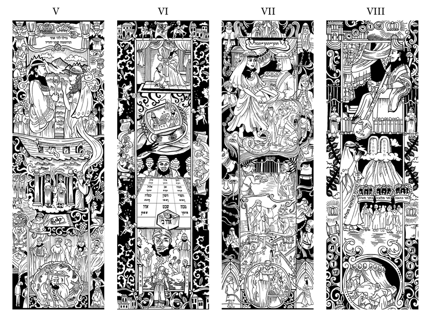illustration of Sequential illustrations for 'Book of Esther', commissioned for a leather-bound family heirloom. Displaying illustrations 5-8. culture, jewish, biblical, religion, narrative, storyboard, black and white, smoke, royalty, throne, crown.