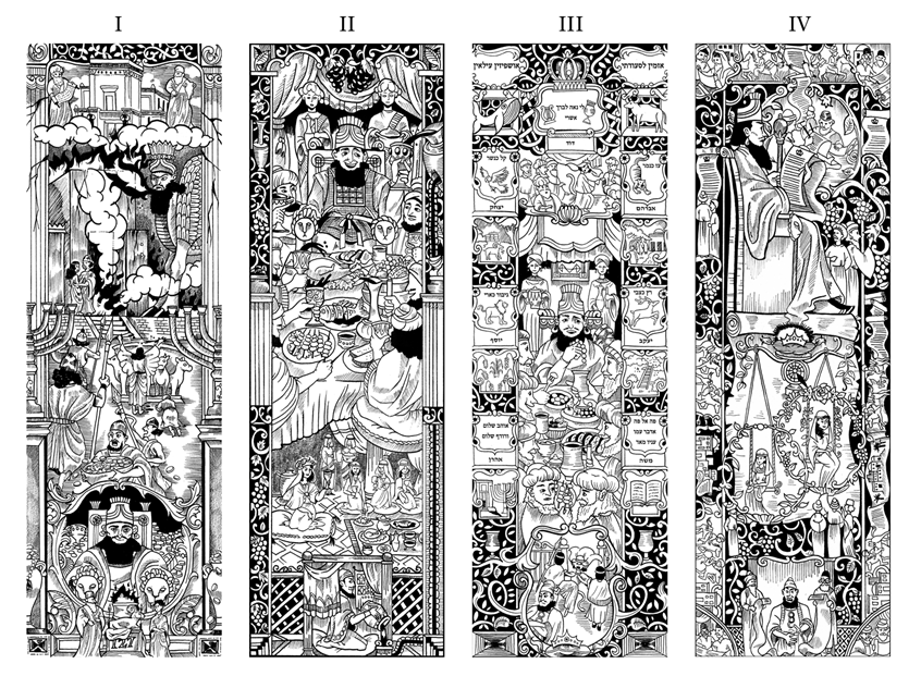illustration of Sequential illustrations based off the biblical story of Esther, with multiple events from the Bible going on at the same time as a main plot line (Esther liberating the Jews). decorative, story driven, black and white, pen and ink, frame, narrative, culture.