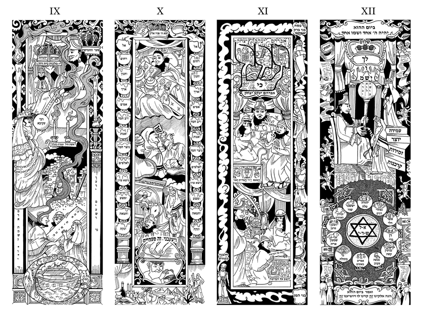 illustration of Sequential illustrations from the 'Book of Esther' project, representing 9 to 12, with multiple events happening along with a main plot line of Esther liberating the Jews. bowl, banquet, wine, buffet, black and white, frame, ornate, narrative.
