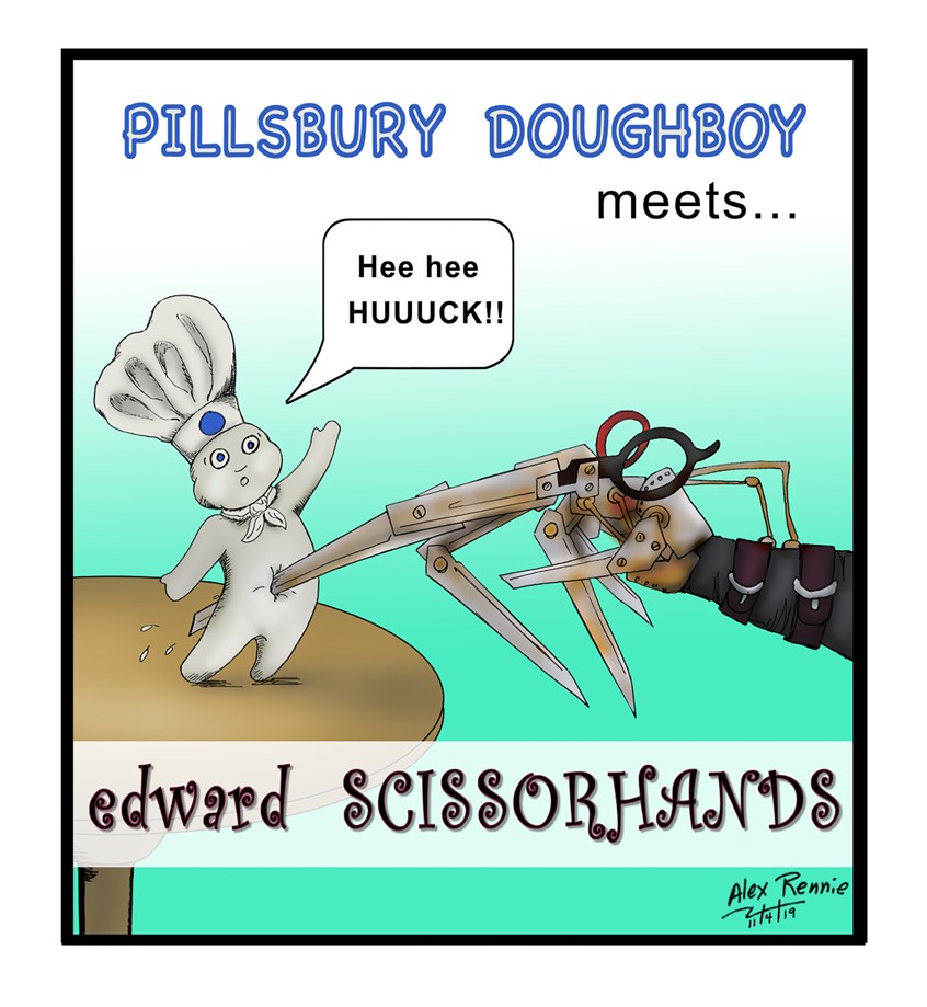 illustration of Edward Scissorhands Pilsbury Dough Boy table top scarf chef hat blades dough tickle scissors funny knives pop culture celebrity corporate food baking scarf hat leather straps buckles humor dark death die kill stab TV television movies Hollywood Johnny Depp entertainment cookies pie bread cake frosting giggle small little cute