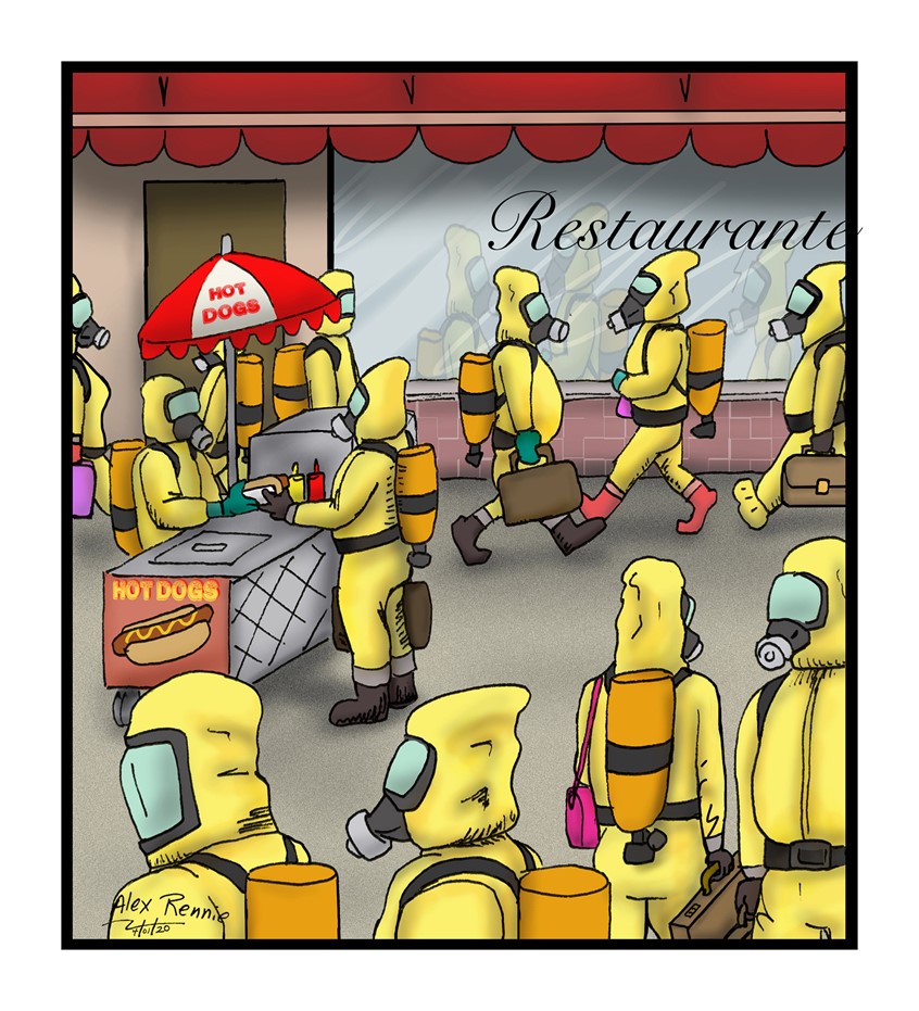 illustration of Everything is back to normal in the city.
Hazmat suits, hot dogs, commute to work Covid 19 Corona virus health public breathe protection toxic work corporation fast food people eating commuting briefcase air tank masks employment boots yellow restaurant window shopping morning rush hour safety health OSHA rush hour lunch hour work jobs