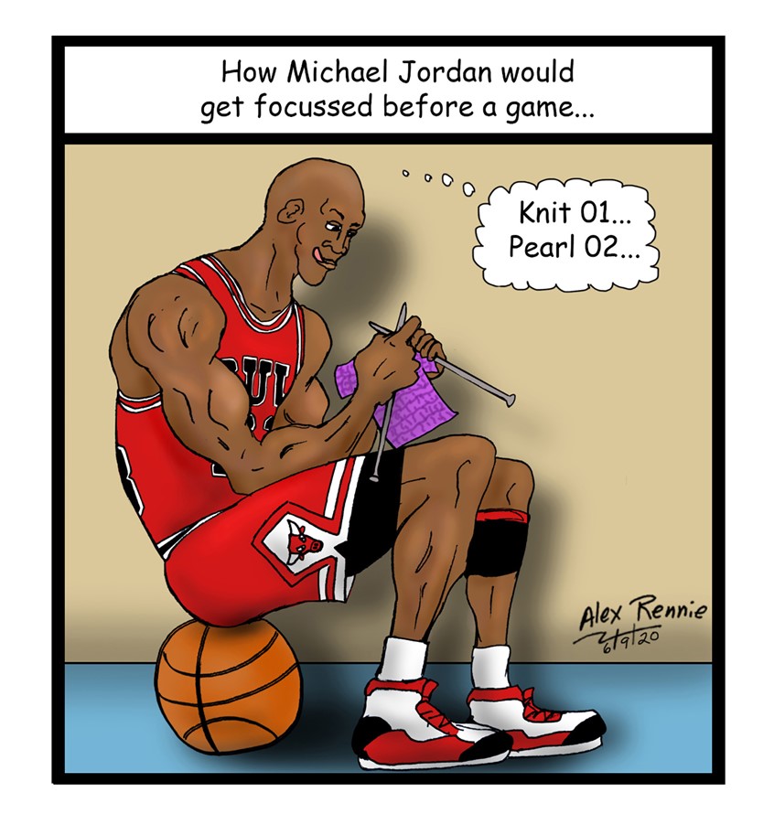 illustration of Michael Jordan basketball Chicago Bulls knitting celebrity tongue Air Jordan gym shoes sports famous the best greatest focus bald African American muscles athlete action ball needles yarn jersey shorts shoes tall popular superstar sitting game prepare calm happy zone