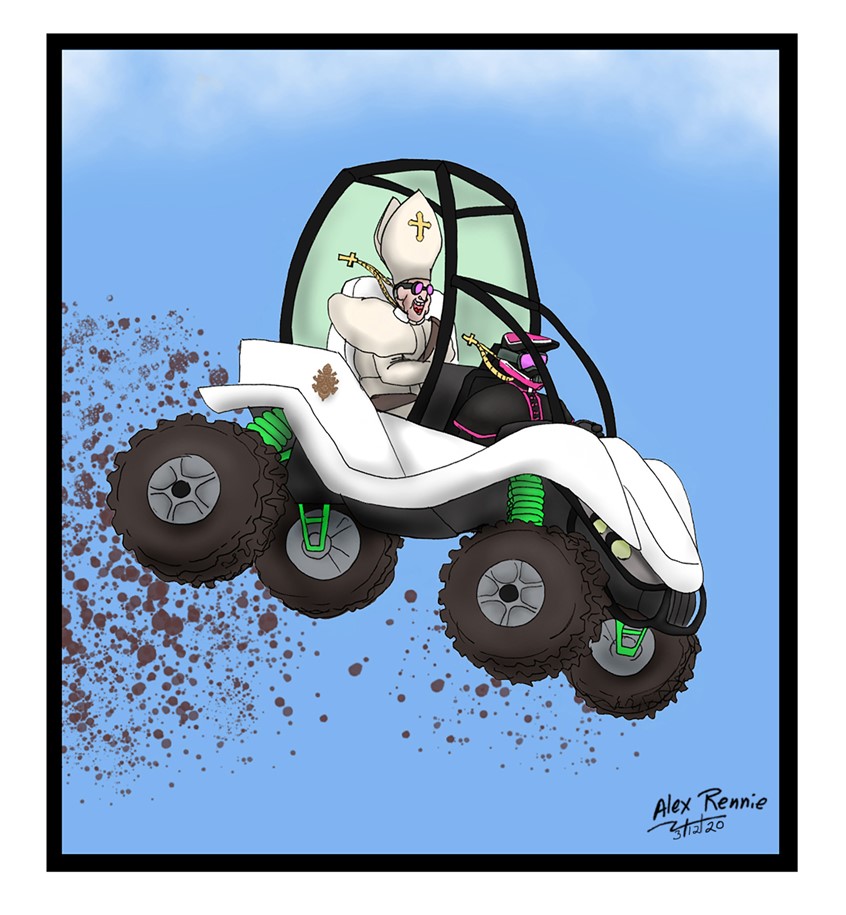 illustration of Pope 4 wheeling off-road dirt mud jump extreme sports helmet religion religious religion Catholic priest holy church Vatican City Francis crucifix action adventure credit-card fun funny humor humorous Yamaha Honda quad four wheeler ATV equad tires auto driving drive jumping extreme sport sports x-games flying stunt driving racing dangerous exciting goggles safety hat robes celebrity crazy famous spiritual leader
