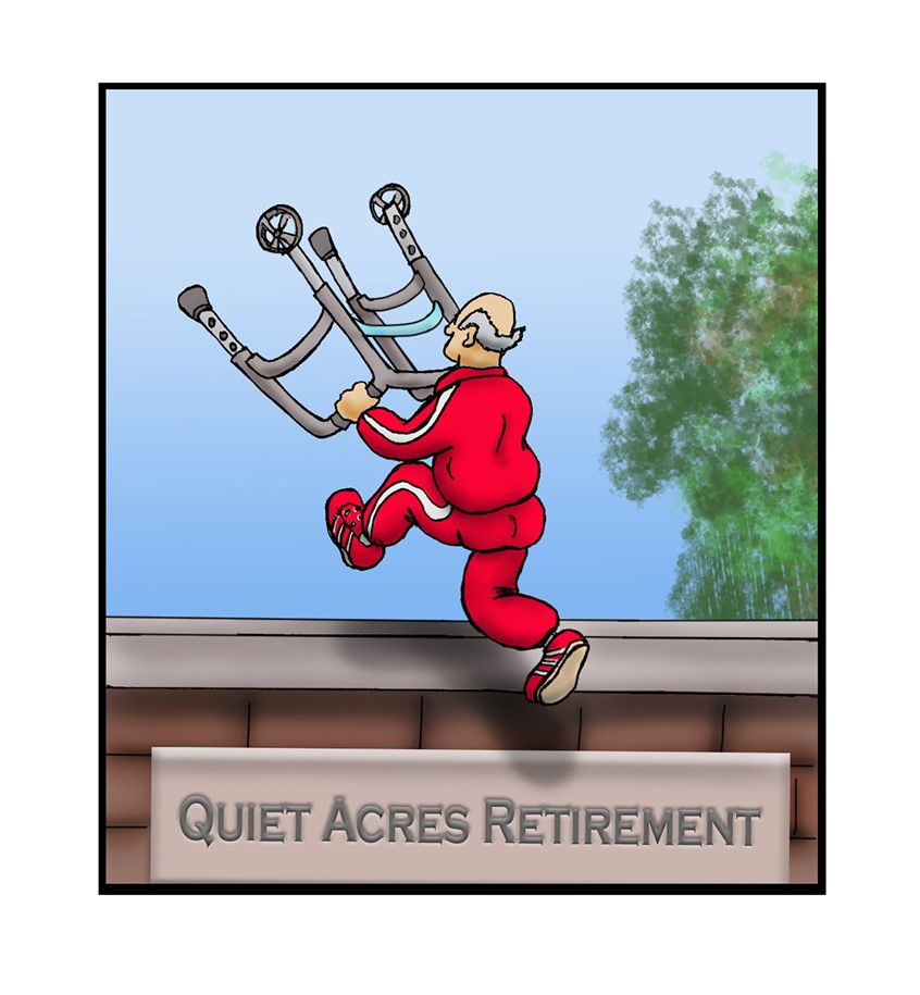 illustration of Six million dollar man old elderly walker retirement old person's home jumping leaping wall jumpsuit red track suit bald pop culture 70s 80s television TV show characters satire funny humor athlete gym shoes tracksuit sweatsuit red wall bricks tree man senior home bald strong run jump leap pulp fiction bionic machine super shadow sign retire laugh