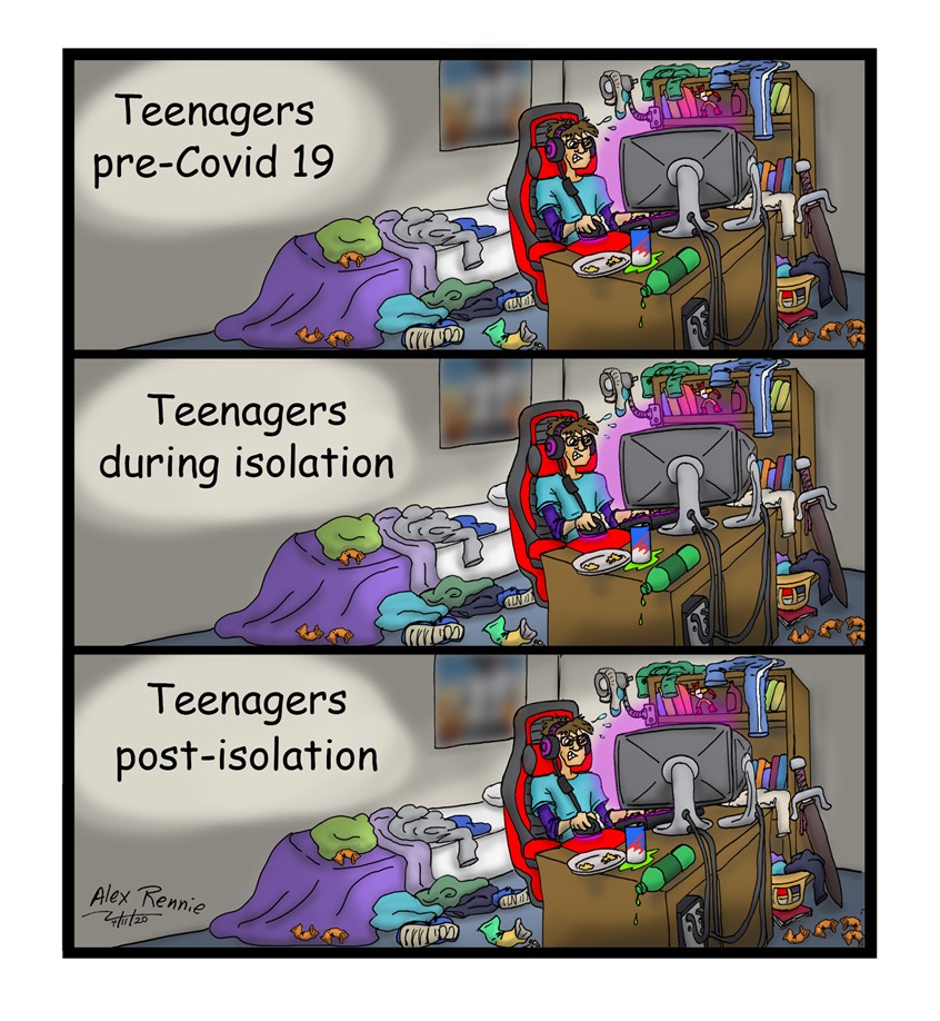 illustration of Covid 19 Corona Virus teenagers boy messy computer sword food dark gaming fantasy headphones bedroom isolation angry nerd geeky laundry dirty child garbage sweat bed clothing on floor screen lights skinny high school alone book shelf gamer chair science fiction sci-fi science programming tech technology video games desk chords electric smelly dirty messy garbage technology computers tech desk