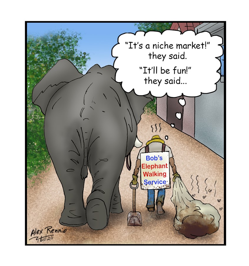 illustration of elephant walking man poop bag nature shovel business niche street sad angry stinky dirty Asia Africa tusk WWF World Wildlife Federation endangered species large herbivore street trees buildings gross funny cartoon laugh angry upset downtrodden regret butt massive animal work job crap smelly gross flies