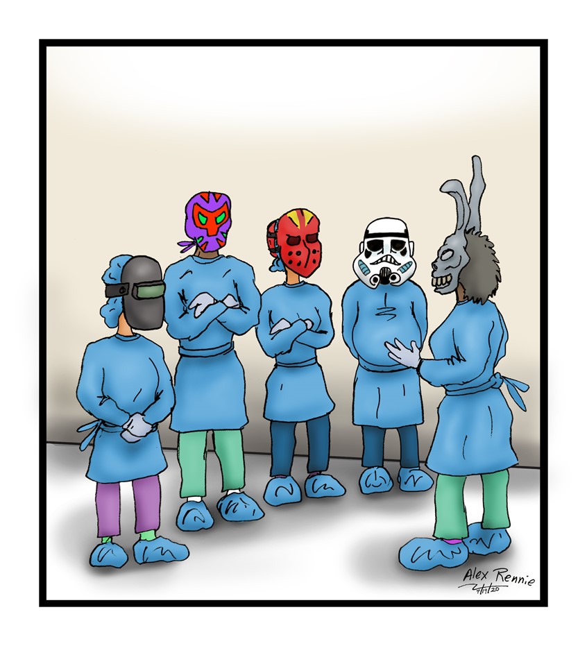illustration of nurses hospital masks Covid 19 Corona virus Storm Trooper hockey mask welding mask wrestling mask doctors health care hospital office scrubs sanitary safety sick medicine pep talk group team gloves ward medicine injury first aid front line workers men women caps head gear Donny Darko movie lucha libre blue clinic doctors medicine