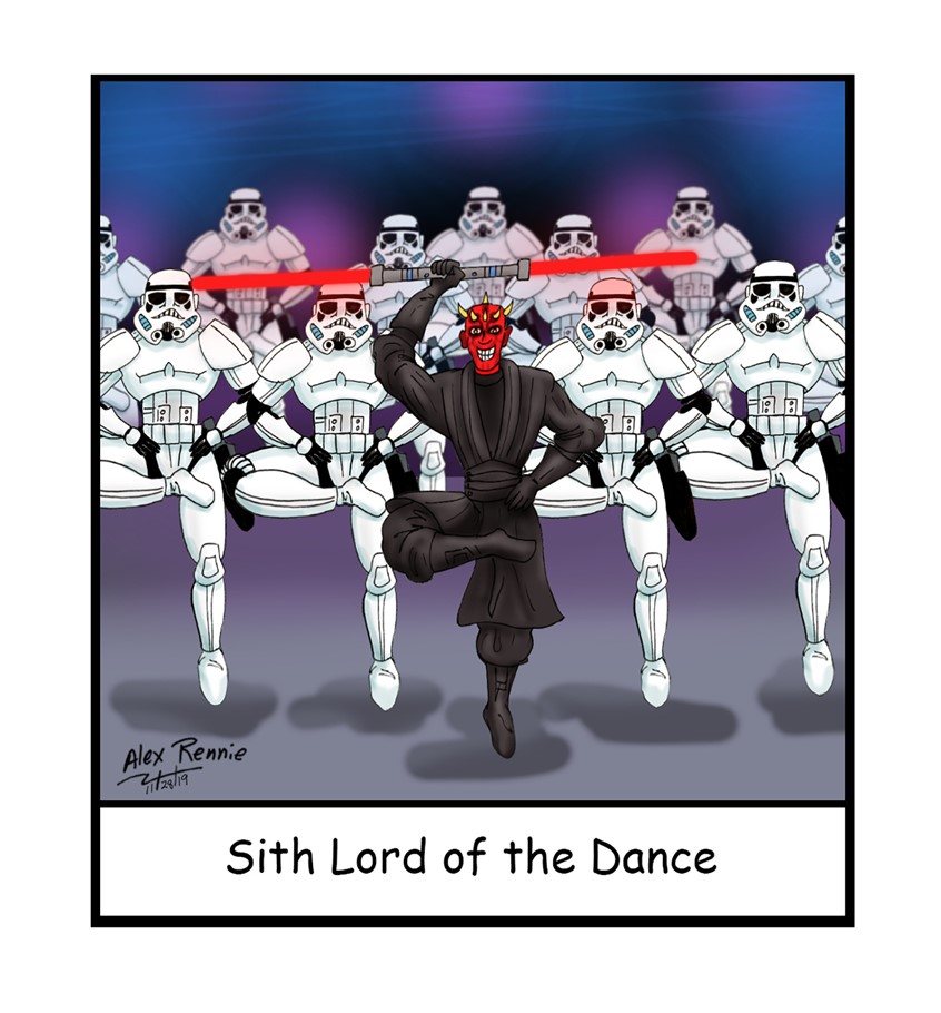illustration of Storm Troopers, Star Wars, Sith lord, light saber, evil, science fiction, space, Darth Maul, dancing, line dancing, Lord of the Dance, Irish Dancing, red face, soldiers Luke Skywalker Darth Vader George Lucas warriors silly funny humor universe spaceship armor armour pop culture popular celebrity movies Hollywood TV Television fight kick hips