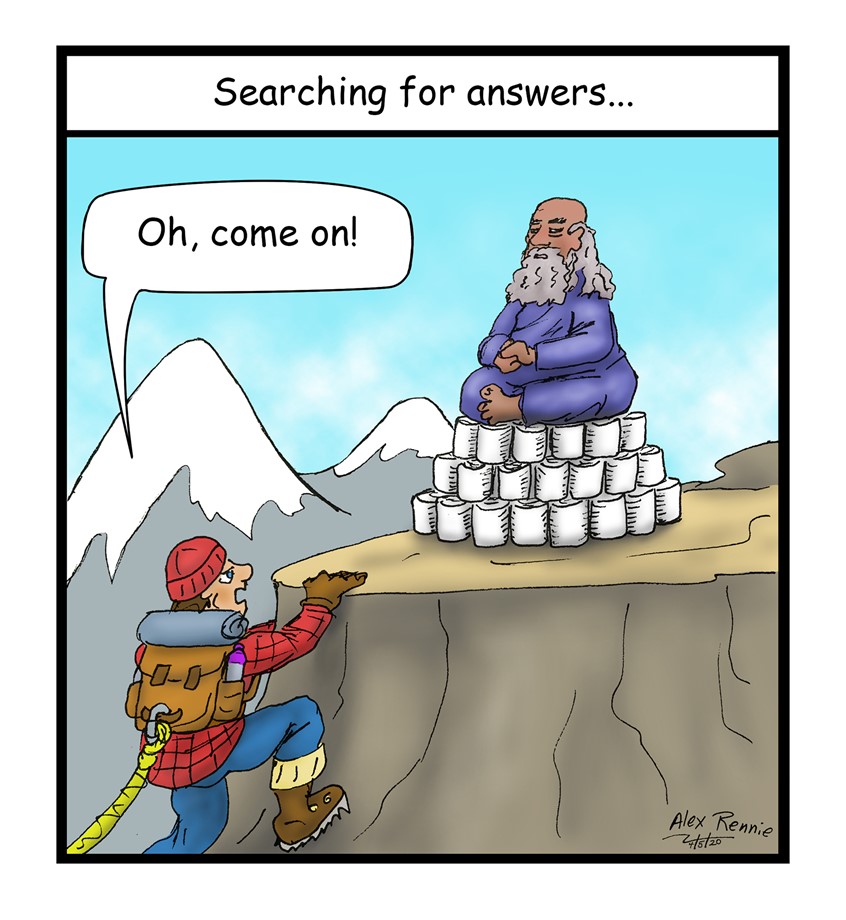 illustration of toilet paper, guru, mountain climber, spiritual. Covid 19, Corona Virus, mountain peak, robe, bald, beard, flannel, rope holy church sage mystic wise old man isolation seeker seeking looking for answers hard path monk holy man sitting mound rolls rope summit enlighten enlightenment peace tranquility meditate silence shaman medicine wisdom answers guidance church humor funny silly cartoon beard bald zen prayer meditation robe holy man