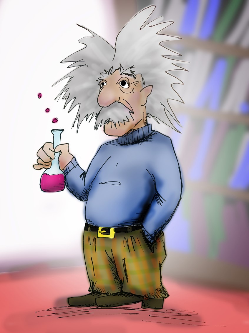 illustration of Albert Einstein drinking, chemicals, physicist, science, crazy hair, mustache, turtleneck sweater, plaid pants, hand in pocket, professor, scientist, library, study, cheers, caricature famous celebrity physics biology math doctor genius eccentric mad scientist books intelligent smart people