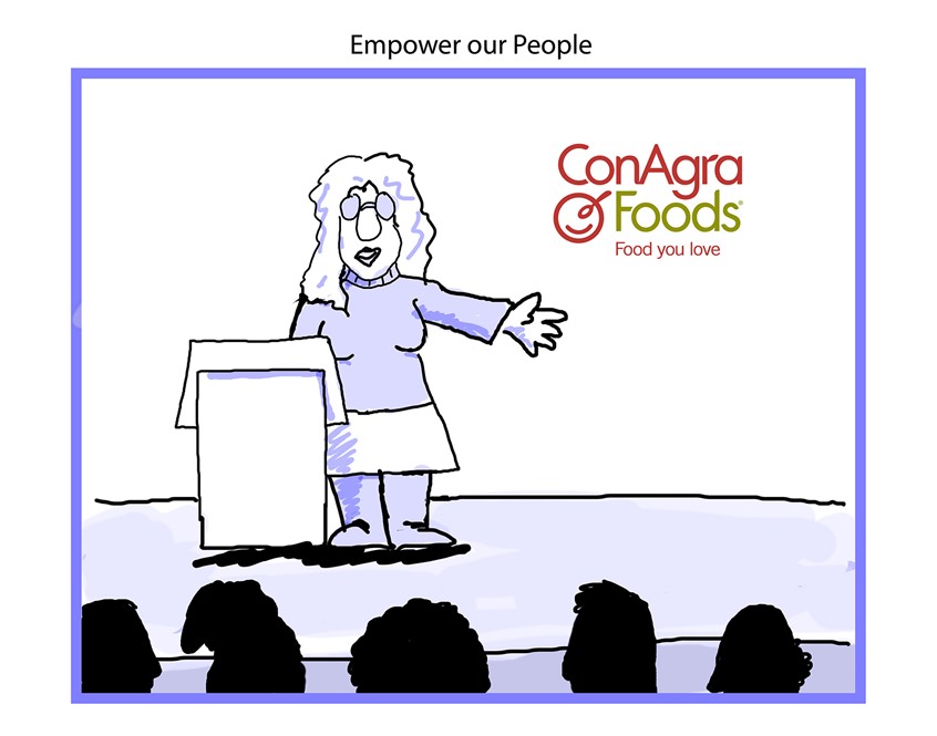 illustration of Conagra Foods, female manager speaking to crowd, podium, audience, silhouette, business woman, corporate cartoon, glasses, hand raised, frumpy, sketchy, funny looking, humor business selling food products marketing commodities skirt dress addressing audience presentation speaking men women woman female shadows