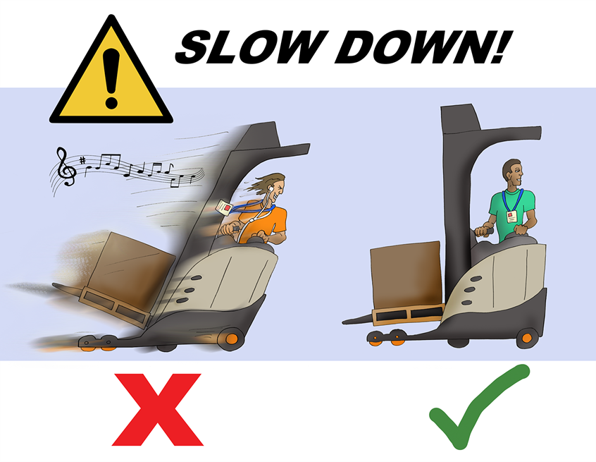 illustration of Slow Down and safely drive the forklift safety cartoon Oregon Spice fast slow man ethnic male earphones ear buds music crazy speed action forklift boxes warehouse safety driving name tag hair blowing work safety warehouse drive speed hair blowing smile corporate humor poster funny silly warning