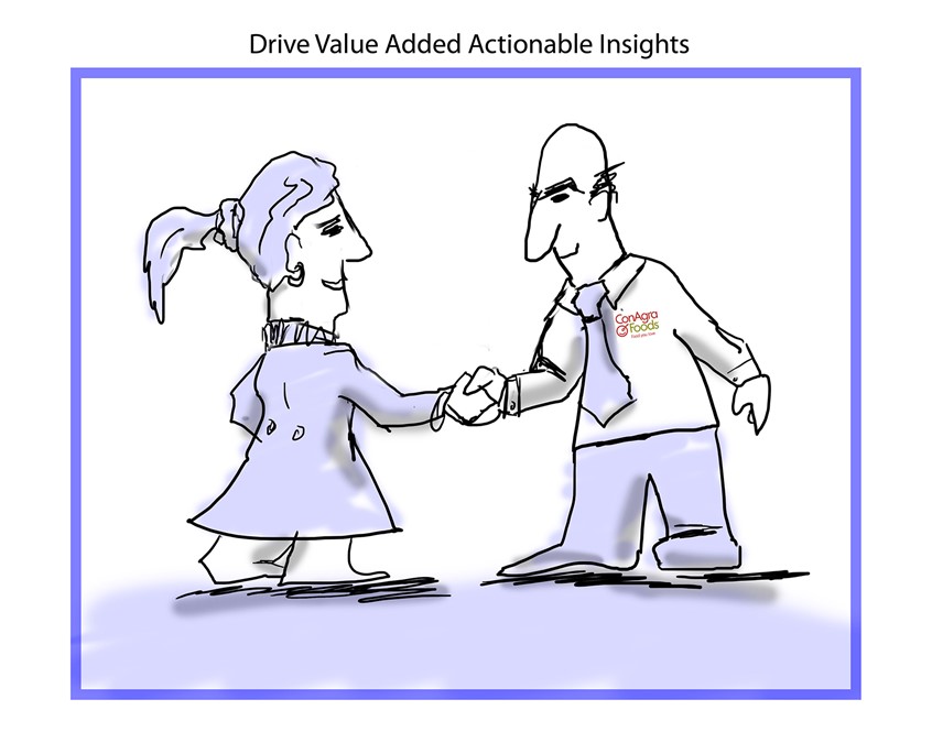 illustration of Conagra Foods, man and woman shaking hands, business man, corporate cartoon, business woman, skirt, ponytail, tie, bald man, frumpy, sketchy, land map, studying, funny looking, humor city handshake business people interaction seal the deal humor goofy marketing product placement
