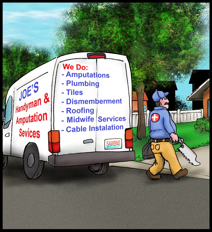illustration of Handyman plumber van saw amputation medical roofing mustache walking trees houses driveway construction repairs cartoon color doctor nurse housecall home repair hat baseball cap safety rescue license plate home house suburbs trees outside fence neighborhood small town driveway walking help fix fixit man humor funny silly ridiculous home improvement house-call doctor fat trees houses neighborhood fence grass lawn street
