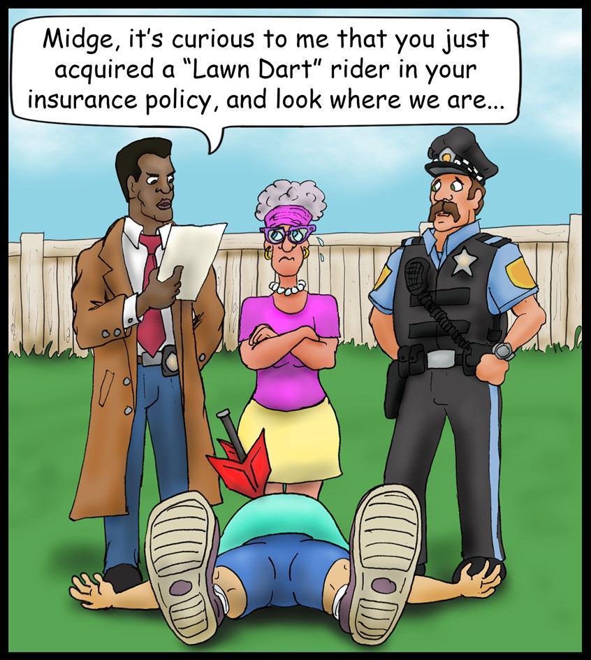 illustration of death murder humor cartoon police detective outdoors leisure marriage married gun vest feet sweat old lady elderly fence lawn dart stab glasses uniform law badge stab dead kill funny humour joke elderly grey hair retired arrest insurance policy sweating guilty people talking jarts cops investigation sweating nervous guilty bullet proof vest uniform officer trench-coat gun badges