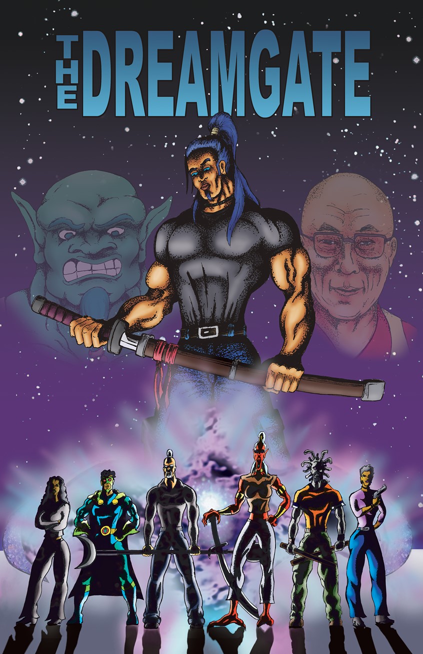 illustration of Samurai warrior Dalai Llama monster alien sword weapons man woman female male fighter action adventure battle star wars planets space science fiction sci-fi comic book cover abduction shadows backlit portal vortex travel gang soldier army muscles exciting funny cartoon fictional super heroes aliens hulk monster portal soldiers fighters future futuristic jeans ponytail