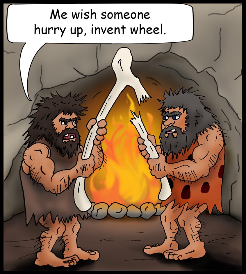 illustration of caveman cavemen cave prehistoric bone fossil dinosaur BC fire grungy dirty silly stupid fully laugh hairy hunters eating dinner wish wishbone family meal toothless grunt animal skin rock tools invention technology