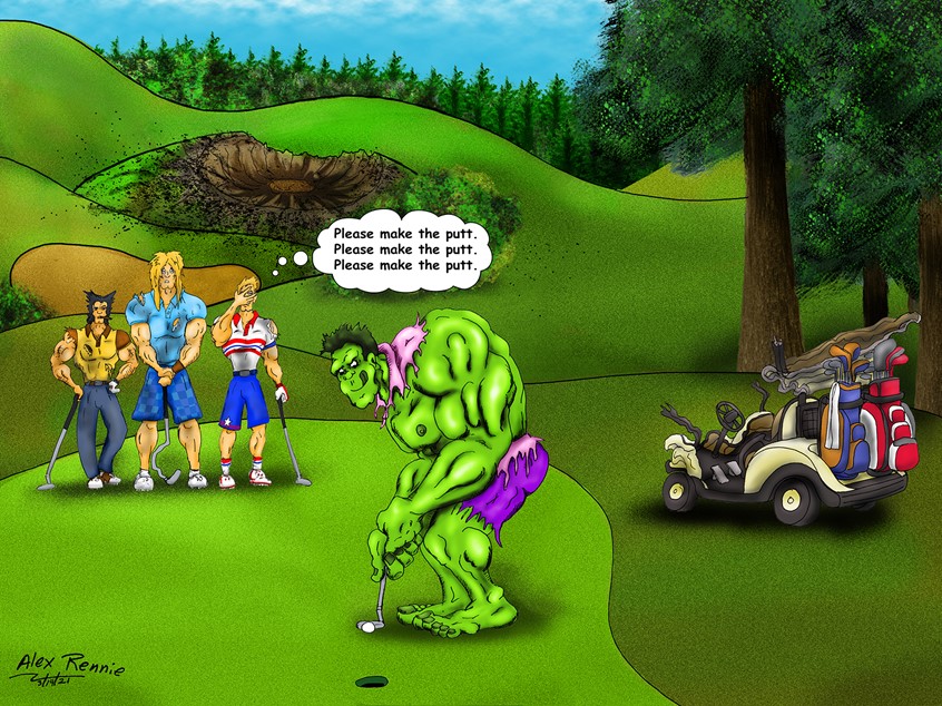 illustration of muscles golf cart green comic book hero monster rage outside putt sports leisure calm angry golfing ball outdoors outside grass nature drive putting super hero comic book comics famous celebrity Marvel comics funny humor humorous goofy cartoon action adventure tongue concentration concentrate happy barefoot big large tattered purple toenails golf club crazy crater golf
